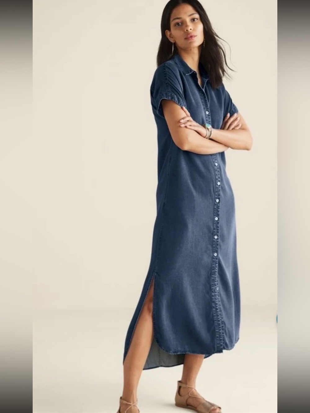Soft Surroundings “Je Veux” Midi Shirtdress,Jean Denim, High Low Hem, Petite, PL